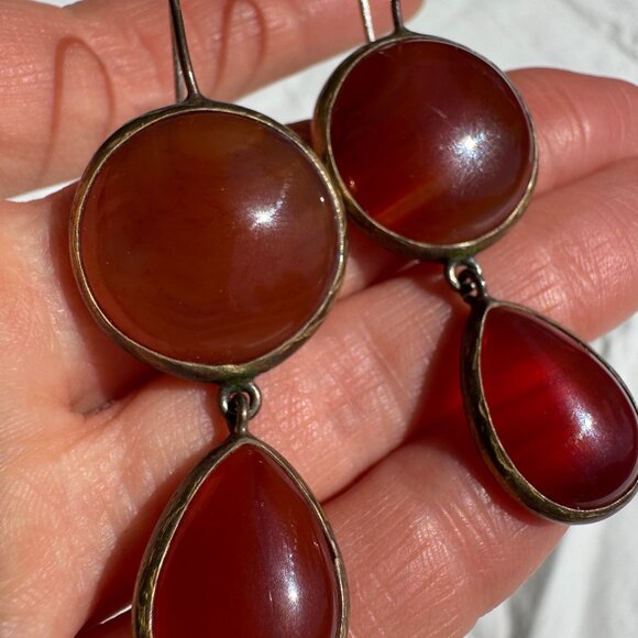 Carnelian/Amber and Gold Glazed Double Drop Earrings Roman Victorian Style - Picture 8 of 13